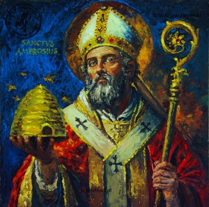 "Święty Ambroży - patronie pszczelarzy - m&oacute;dl się za nami" 23 cm x 23 cm olej 2026 