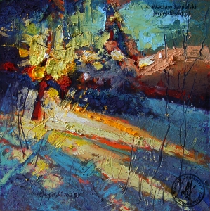 "Słoneczny, zimowy song" 23 cm x 23 cm olej 2025